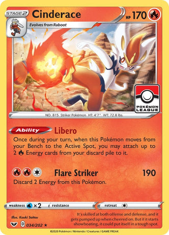 Image for Cinderace - 034/202 (Pokemon League) (034/202) (League & Championship Cards) - Pokemon