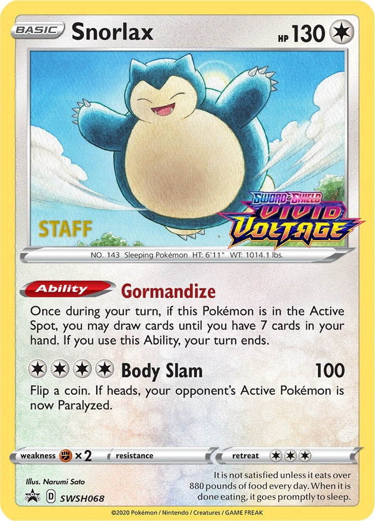 Image for Snorlax - SWSH068 (Prerelease) [Staff] (SWSH068) (SWSH: Sword & Shield Promo Cards) (SWSD) - Pokemon