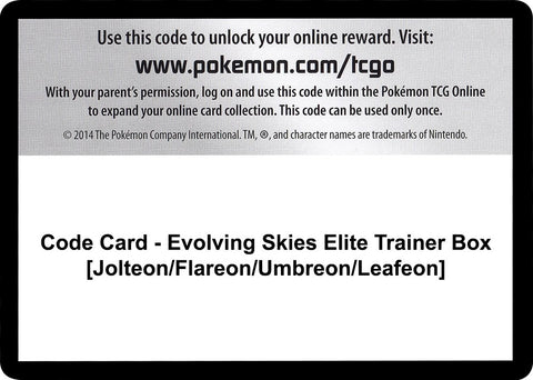 Image for Code Card - Evolving Skies Elite Trainer Box [Jolteon/Flareon/Umbreon/Leafeon] (SWSH07: Evolving Skies) - Pokemon