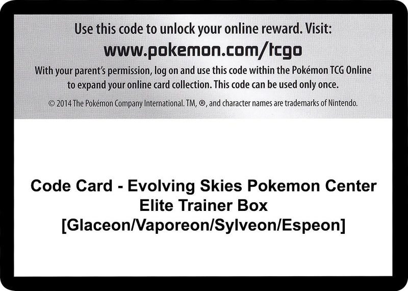 Image for Code Card - Evolving Skies Pokemon Center Elite Trainer Box [Glaceon/Vaporeon/Sylveon/Espeon] (SWSH07: Evolving Skies) - Pokemon