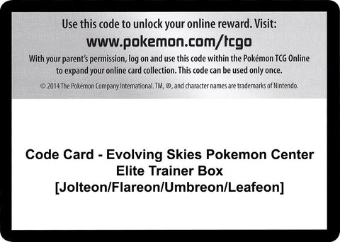 Image for Code Card - Evolving Skies Pokemon Center Elite Trainer Box [Jolteon/Flareon/Umbreon/Leafeon] (SWSH07: Evolving Skies) - Pokemon