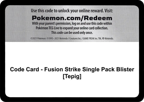 Image for Code Card - Fusion Strike Single Pack Blister [Tepig] (SWSH08: Fusion Strike) - Pokemon