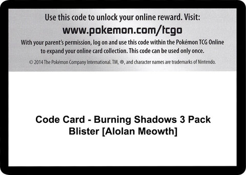 Image for Code Card - Burning Shadows 3 Pack Blister [Alolan Meowth] (SM - Burning Shadows) - Pokemon
