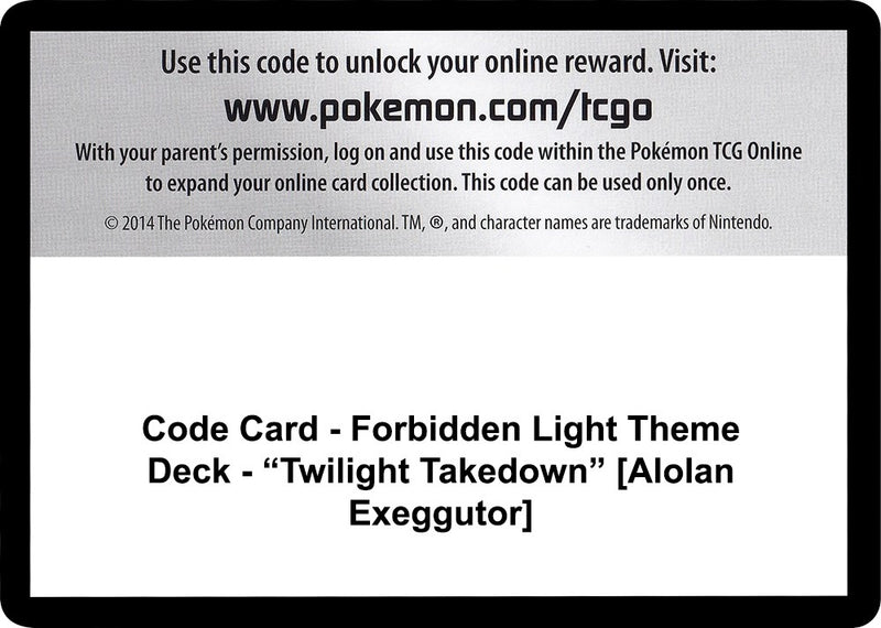 Image for Code Card - Forbidden Light Theme Deck - "Twilight Takedown" [Alolan Exeggutor] (SM - Forbidden Light) (SM06) - Pokemon