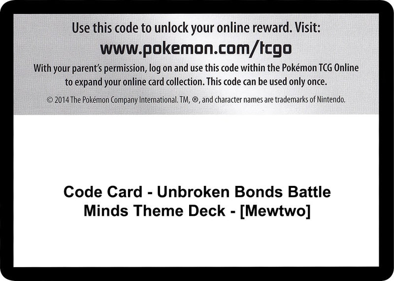 Image for Code Card - Unbroken Bonds Battle Minds Theme Deck - [Mewtwo] (SM - Unbroken Bonds) (SM10) - Pokemon