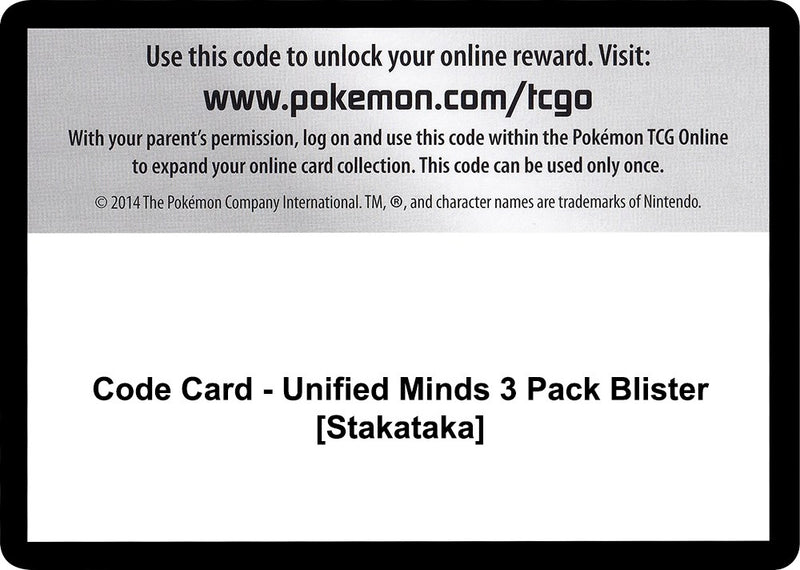 Image for Code Card - Unified Minds 3 Pack Blister [Stakataka] (SM - Unified Minds) (SM11) - Pokemon