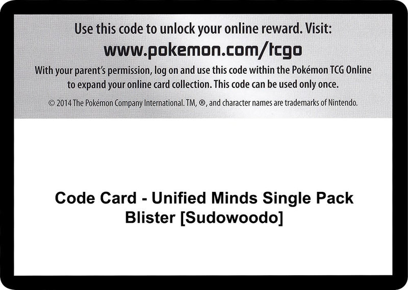 Image for Code Card - Unified Minds Single Pack Blister [Sudowoodo] (SM - Unified Minds) (SM11) - Pokemon