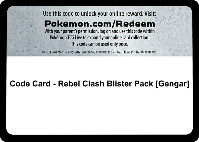 Image for Code Card - Rebel Clash Blister Pack [Gengar] (SWSH02: Rebel Clash) (SWSH02) - Pokemon