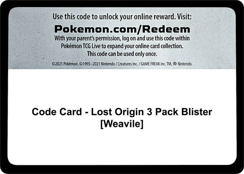 Image for Code Card - Lost Origin 3 Pack Blister [Weavile] (SWSH11: Lost Origin) - Pokemon