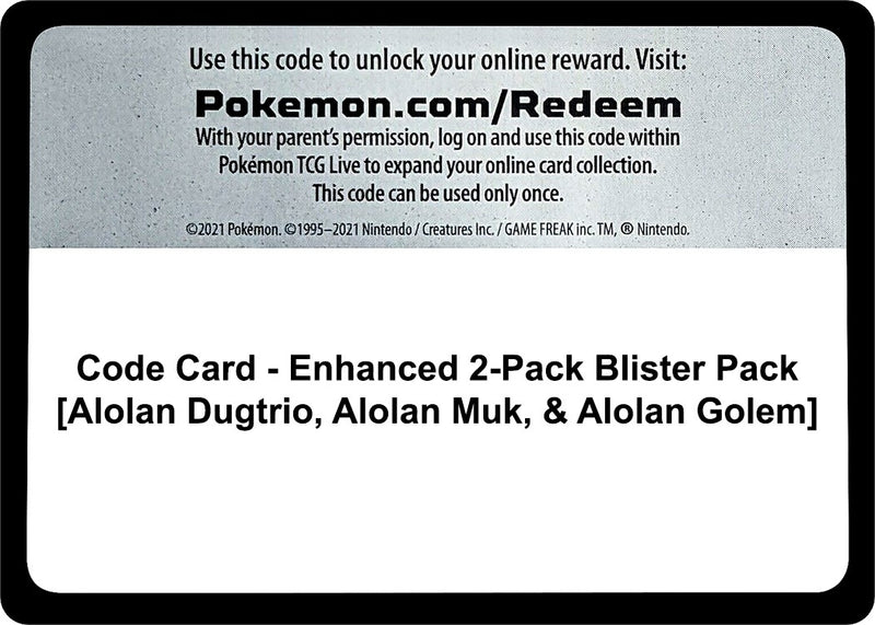 Image for Code Card - Enhanced 2-Pack Blister Pack [Alolan Dugtrio, Alolan Muk, & Alolan Golem] (Miscellaneous Cards & Products) (MCAP) - Pokemon