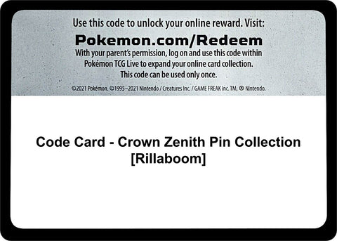 Image for Code Card - Crown Zenith Pin Collection [Rillaboom] (Crown Zenith) - Pokemon