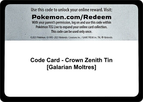 Image for Code Card - Crown Zenith Tin [Galarian Moltres] (Crown Zenith) - Pokemon
