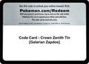 Image for Code Card - Crown Zenith Tin [Galarian Zapdos] (Crown Zenith) - Pokemon