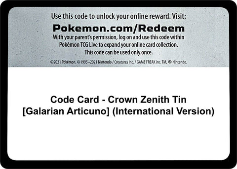 Image for Code Card - Crown Zenith Tin [Galarian Articuno] (International Version) (Crown Zenith) - Pokemon