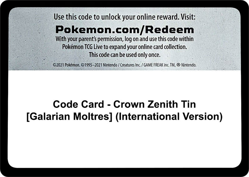 Image for Code Card - Crown Zenith Tin [Galarian Moltres] (International Version) (Crown Zenith) - Pokemon