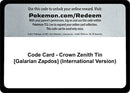 Image for Code Card - Crown Zenith Tin [Galarian Zapdos] (International Version) (Crown Zenith) - Pokemon