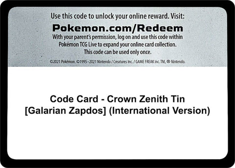 Image for Code Card - Crown Zenith Tin [Galarian Zapdos] (International Version) (Crown Zenith) - Pokemon