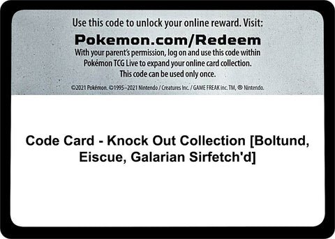 Image for Code Card - Knock Out Collection [Boltund, Eiscue, Galarian Sirfetch'd] (Miscellaneous Cards & Products) (MCAP) - Pokemon