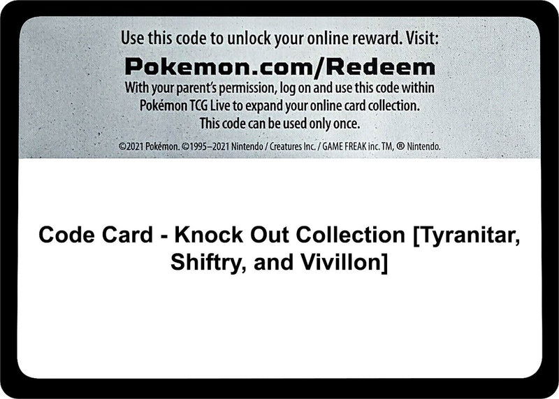 Image for Code Card - Knock Out Collection [Tyranitar, Shiftry, and Vivillon] (Miscellaneous Cards & Products) (MCAP) - Pokemon
