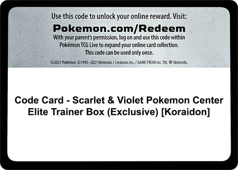 Image for Code Card - Scarlet & Violet Pokemon Center Elite Trainer Box (Exclusive) [Koraidon] (SV01: Scarlet & Violet Base Set) - Pokemon