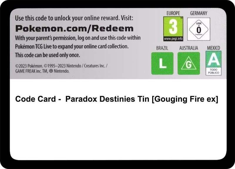 Image for Code Card - Paradox Destinies Tin [Gouging Fire ex] (Miscellaneous Cards & Products) (MCAP) - Pokemon