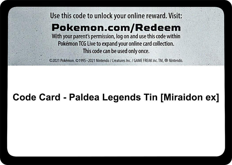 Image for Code Card - Paldea Legends Tin [Miraidon ex] (Miscellaneous Cards & Products) (MCAP) - Pokemon
