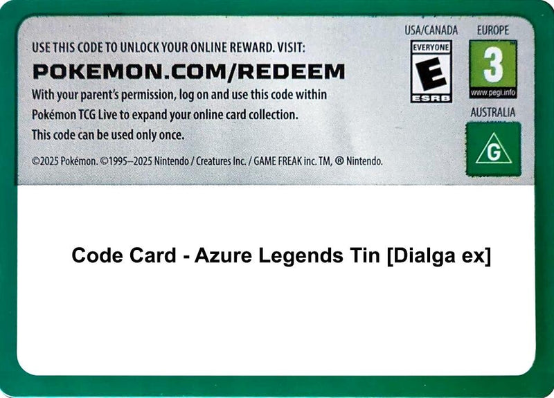 Image for Code Card - Azure Legends Tin [Dialga ex] (Miscellaneous Cards & Products) (MCAP) - Pokemon