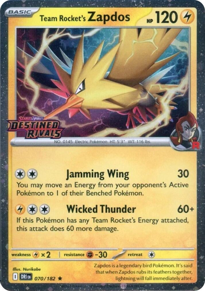 Image for Team Rocket's Zapdos (Destined Rivals Stamp) (070/182) (Miscellaneous Cards & Products) (MCAP) - Pokemon