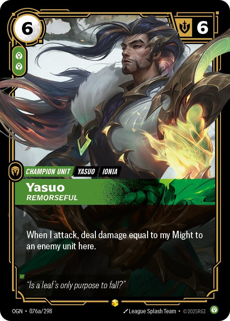 Image for Yasuo, Remorseful (Alternate Art) (076a/298) (Origins) (OGN) - Riftbound: League of Legends Trading Card Game