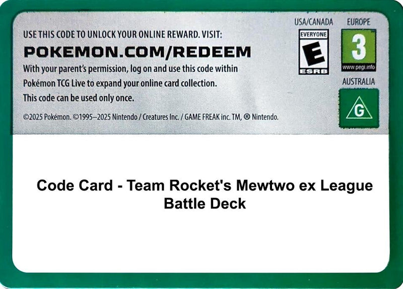Image for Code Card - Team Rocket's Mewtwo ex League Battle Deck (Miscellaneous Cards & Products) (MCAP) - Pokemon