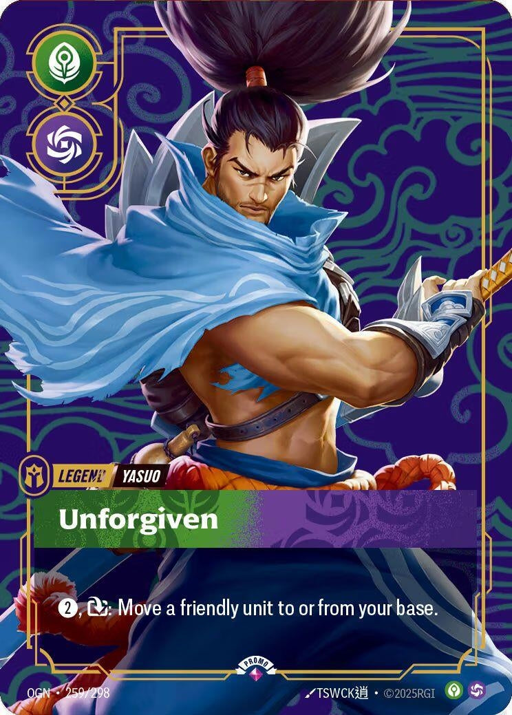 Image for Yasuo, Unforgiven (Metal) (Best Of) (259/298) (Riftbound Organized Play Promotional Cards) (OPP) - Riftbound: League of Legends Trading Card Game