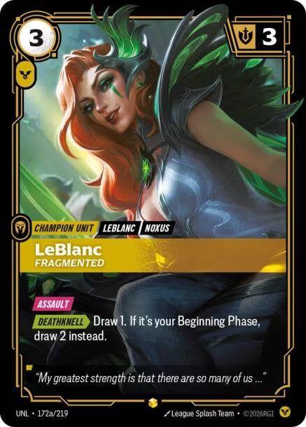 Image for LeBlanc, Fragmented (Alternate Art) (172a/219) (Unleashed) (UNL) - Riftbound: League of Legends Trading Card Game