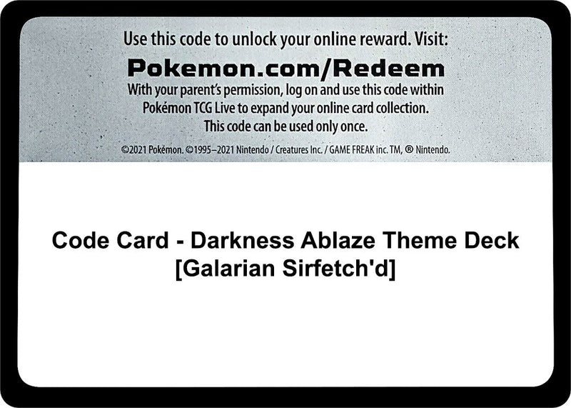 Image for Code Card - Darkness Ablaze Theme Deck [Galarian Sirfetch'd] (SWSH03: Darkness Ablaze) - Pokemon