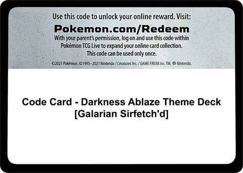 Image for Code Card - Darkness Ablaze Theme Deck [Galarian Sirfetch'd] (SWSH03: Darkness Ablaze) - Pokemon